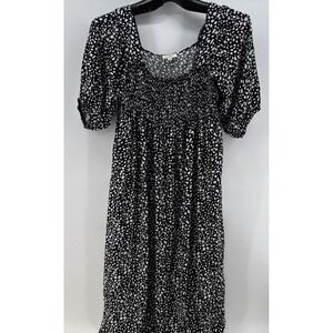 UMGEE Black Dalmatian Print Puff Sleeve Dress w/Gathered Top Tie Back Size Large
